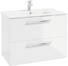 Meuble sous-vasque blanc avec deux tiroirs, vasque intégrée et robinet chromé.