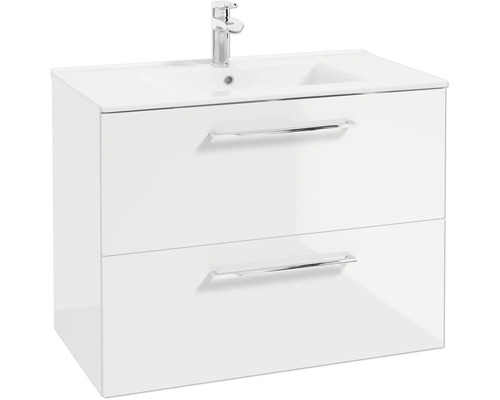 Meuble sous-vasque blanc avec deux tiroirs, vasque intégrée et robinet chromé.