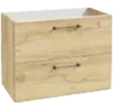 Meuble sous-vasque aspect bois avec deux tiroirs et poignées en métal.
