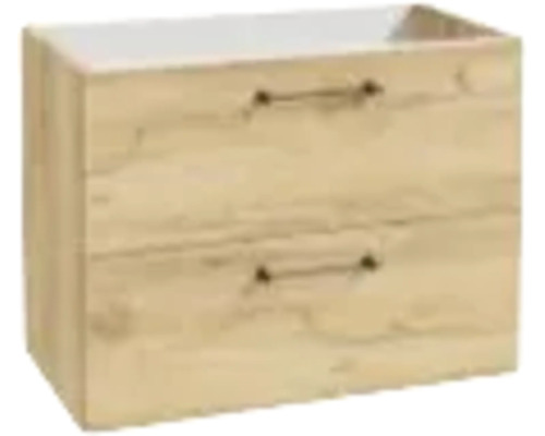 Meuble sous-vasque aspect bois avec deux tiroirs et poignées en métal.