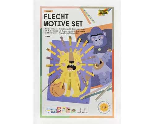 Folia Flechtmotive Set Safari für Kinder mit 225 Teilen im Format DIN A4 zum Basteln von Tiermotiven wie Löwe und Gorilla. Folia Logo.
