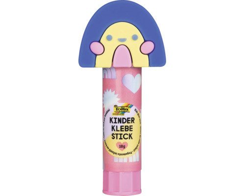 Bâton de colle pour enfants Folia, 10 grammes, avec un bouchon en forme de personnage et un tube rose avec des cœurs.