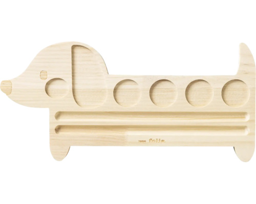 Organisateur de bureau en bois en forme de teckel avec des compartiments pour stylos et accessoires.