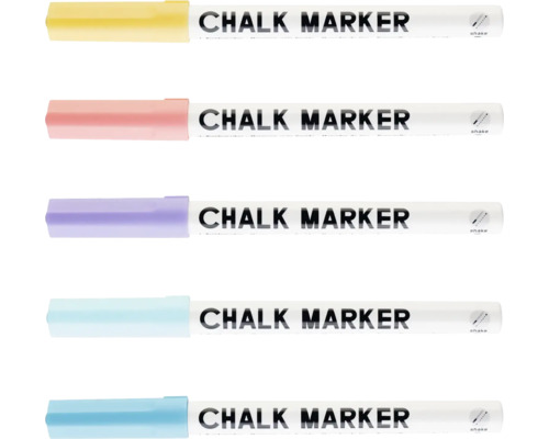 Lot de cinq marqueurs à craie de couleurs pastel avec instructions pour secouer.