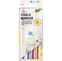Lot de 5 marqueurs craie Folia pastel avec une épaisseur de trait de 1 à 2 millimètres pour verre et fenêtres.