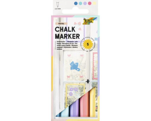 Lot de 5 marqueurs craie Folia pastel avec une épaisseur de trait de 1 à 2 millimètres pour verre et fenêtres.