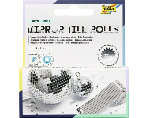 Rouleau de carreaux de miroir adhésifs en verre, 5 par 5 millimètres, 3200 pièces, Folia Bringmann Logo.