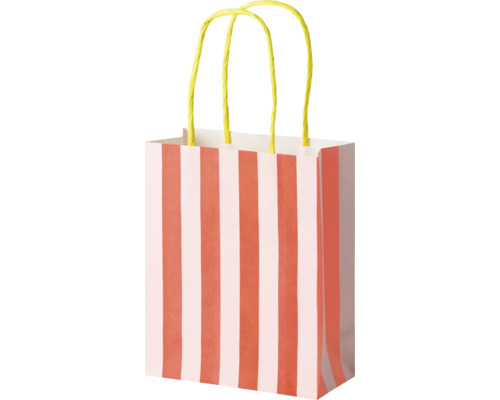 Sac cadeau en papier avec rayures verticales et deux poignées en papier torsadé.