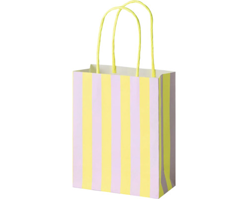 Sac cadeau en papier à rayures jaunes et violettes avec deux poignées.