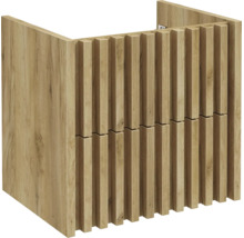 Meuble sous-vasque aspect bois avec façade moderne à lattes et deux tiroirs pour la salle de bain.