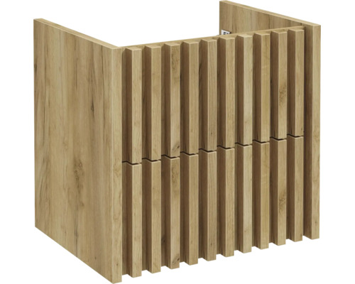 Meuble sous-vasque aspect bois avec façade moderne à lattes et deux tiroirs pour la salle de bain.