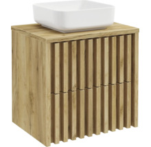 Meuble sous-vasque aspect bois avec façade à lattes et vasque à poser