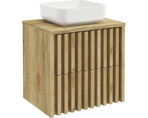 Meuble sous-vasque aspect bois avec façade à lattes et vasque à poser
