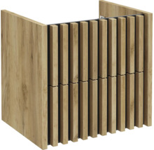 Meuble sous-vasque aspect chêne avec lattes de bois verticales modernes sur la face avant, sans vasque.