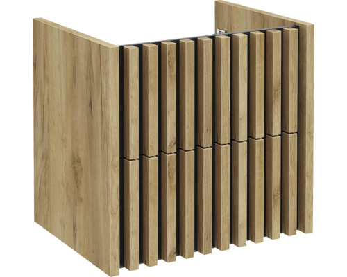 Meuble sous-vasque aspect chêne avec lattes de bois verticales modernes sur la face avant, sans vasque.