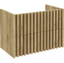 Meuble sous-vasque aspect chêne avec lamelles verticales en bois et deux façades.