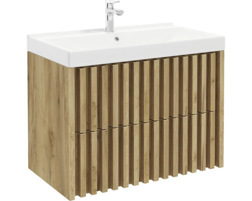 Meuble sous-vasque de salle de bain aspect bois avec lattes verticales, lavabo blanc et mitigeur chromé inclus.