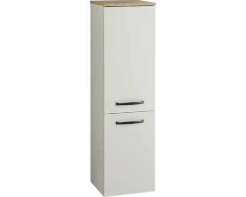 Armoire de salle de bains haute avec deux portes, poignées noires et un plateau supérieur en aspect bois.