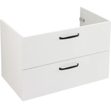 Meuble sous-lavabo blanc avec deux tiroirs et poignées noires.