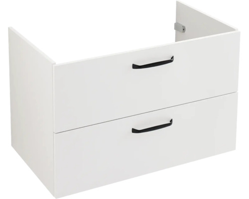 Meuble sous-lavabo blanc avec deux tiroirs et poignées noires.