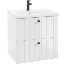 Meuble sous-vasque blanc avec deux tiroirs au design cannelé, boutons ronds et vasque blanche avec robinetterie noire.