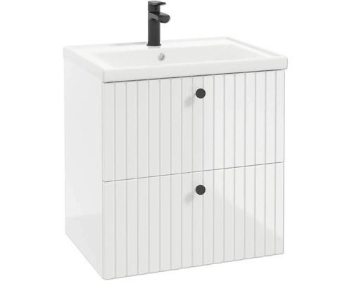 Meuble sous-vasque blanc avec deux tiroirs au design cannelé, boutons ronds et vasque blanche avec robinetterie noire.