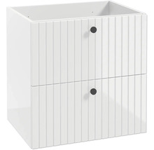 Meuble sous-vasque blanc avec deux tiroirs à façade cannelée et boutons noirs ronds.