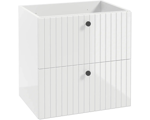 Meuble sous-vasque blanc avec deux tiroirs à façade cannelée et boutons noirs ronds.