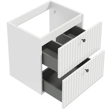 Meuble sous-vasque avec deux tiroirs à façade rainurée et boutons noirs.