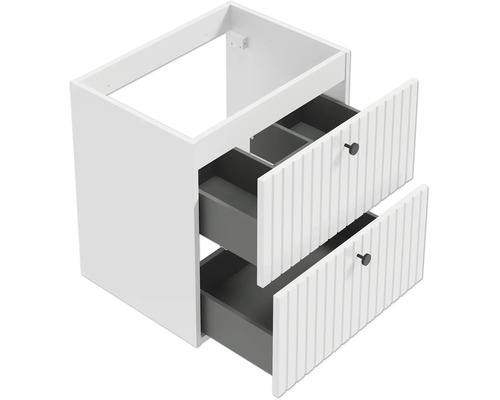 Meuble sous-vasque avec deux tiroirs à façade rainurée et boutons noirs.