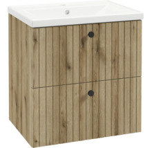 Meuble sous-vasque aspect bois avec structure rainurée, deux tiroirs et une vasque en céramique blanche.
