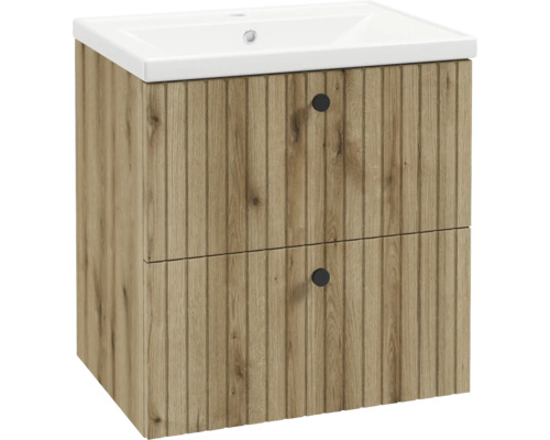 Meuble sous-vasque aspect bois avec structure rainurée, deux tiroirs et une vasque en céramique blanche.