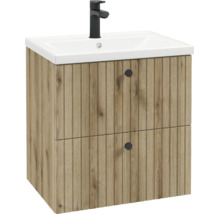 Meuble sous-vasque aspect bois avec structure rainurée, deux tiroirs avec boutons noirs, vasque blanche et robinet noir.