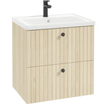 Meuble sous-vasque aspect bois avec façade rainurée, deux tiroirs avec boutons noirs, vasque blanche et mitigeur noir.