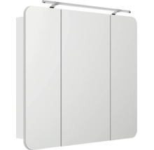 Armoire de toilette pour salle de bains à trois portes avec angles arrondis et luminaire LED.