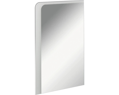 Miroir de salle de bain rectangulaire avec un coin arrondi en haut à gauche.