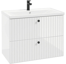 Meuble sous-vasque avec lavabo, deux tiroirs avec façade rainurée, boutons ronds et robinet noir.