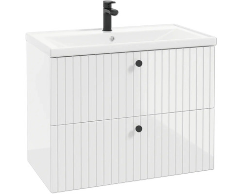 Meuble sous-vasque avec lavabo, deux tiroirs avec façade rainurée, boutons ronds et robinet noir.