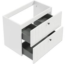 Meuble sous-vasque blanc avec deux tiroirs à l'aspect rainuré et de petits boutons noirs, légèrement ouverts.