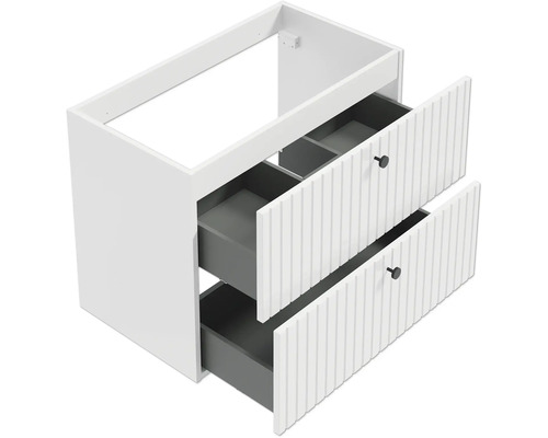 Meuble sous-vasque blanc avec deux tiroirs à l'aspect rainuré et de petits boutons noirs, légèrement ouverts.