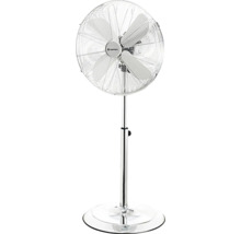 Ventilateur sur pied en métal réglable en hauteur avec socle rond et grille de protection.