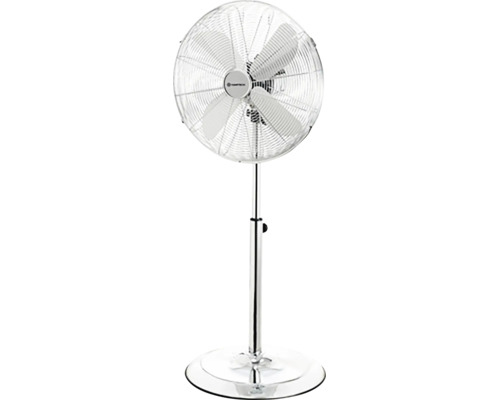 Ventilateur sur pied en métal réglable en hauteur avec socle rond et grille de protection.