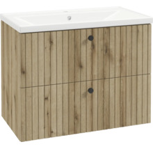 Meuble sous-vasque aspect bois avec structure à lattes, deux tiroirs avec boutons noirs et vasque en céramique blanche.