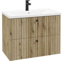 Meuble sous-vasque aspect bois avec rainures, vasque blanche, deux tiroirs et robinet noir.