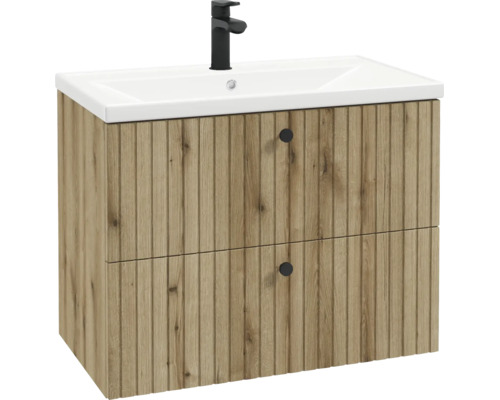 Meuble sous-vasque aspect bois avec rainures, vasque blanche, deux tiroirs et robinet noir.