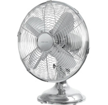 Ventilateur de table en métal chromé de Nordic Home avec grille de protection et quatre pales.