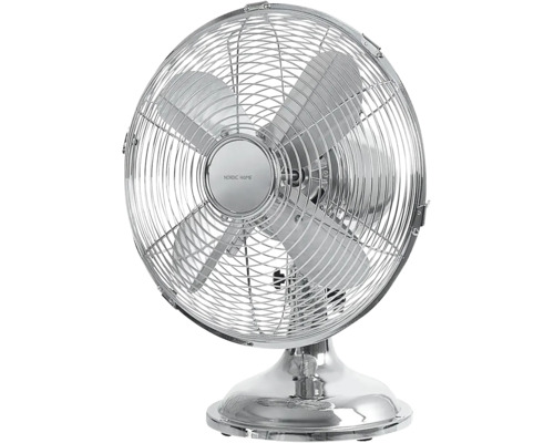 Ventilateur de table en métal chromé de Nordic Home avec grille de protection et quatre pales.