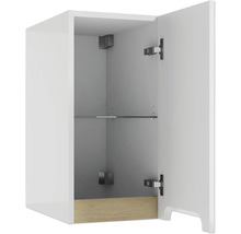 Weißer Bad-Hängeschrank mit geöffneter Tür, einem Glaseinlegeboden und einer Holzoptik-Leiste unten.