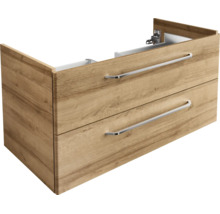 Waschbeckenunterschrank in Eichenoptik mit zwei Schubladen und silberfarbenen Metallgriffen.