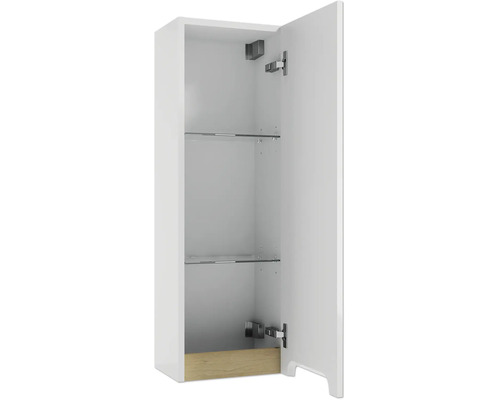 Weißer Badezimmer-Seitenschrank mit geöffneter Tür, zwei Glasböden und Holzdekor unten.